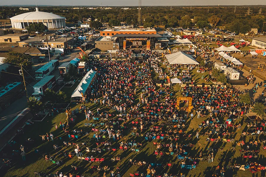Aerial view of the Feels Like Home Festival crowd and main stage at the Brownwood Event Center Complex
