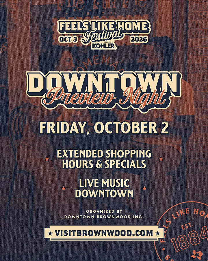 Downtown Preview Night graphic: Friday, October 2, with extended shopping hours, specials and live music downtown, organized by Downtown Brownwood Inc.
