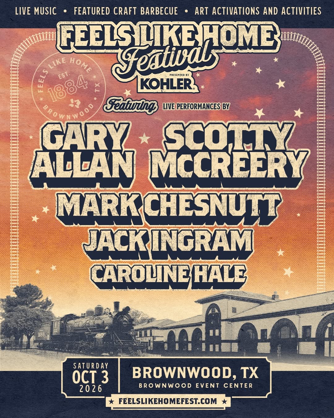 Feels Like Home Festival 2026 lineup poster: Gary Allan, Scotty McCreery, Mark Chesnutt, Jack Ingram and Caroline Hale, October 3 in Brownwood, Texas