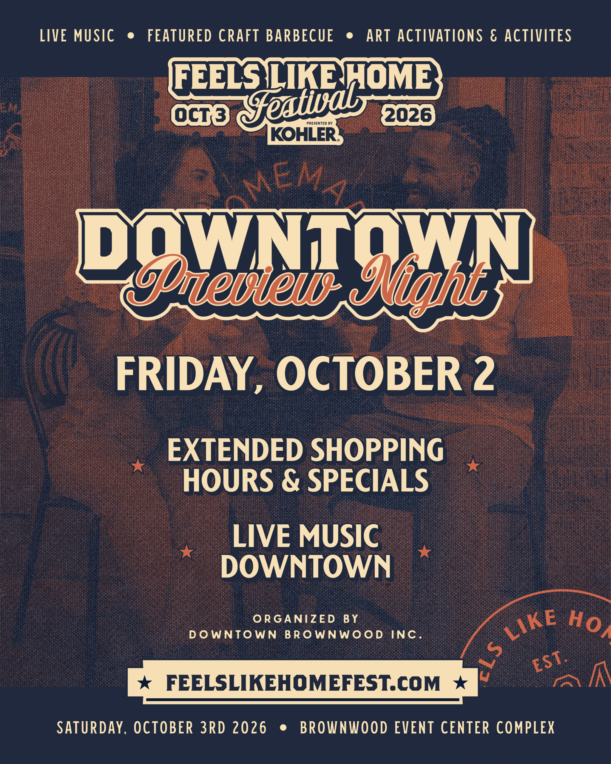 Downtown Preview Night poster: Friday, October 2, with extended shopping hours, specials and live music downtown