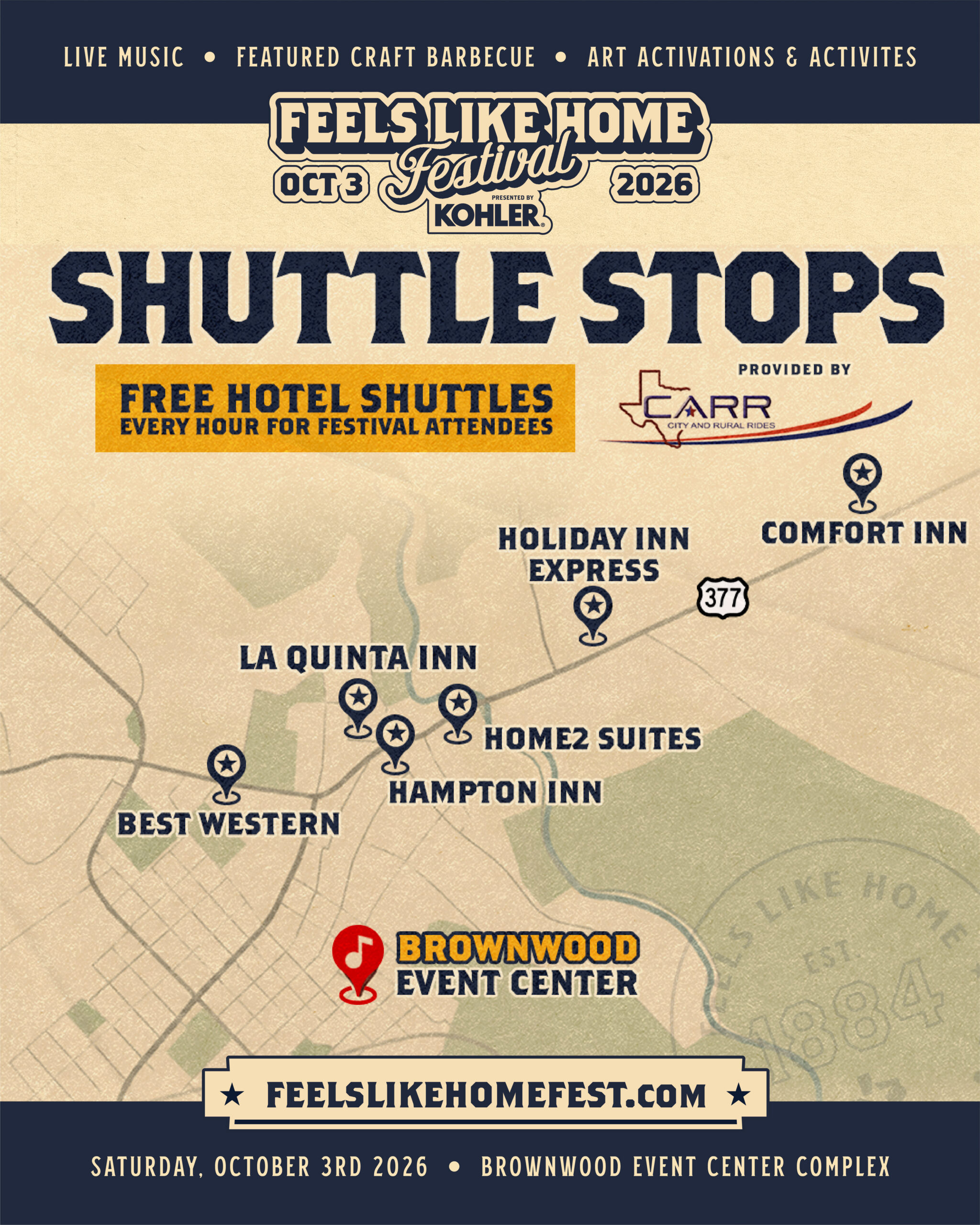 Shuttle stops map showing free hourly hotel shuttles to the Brownwood Event Center