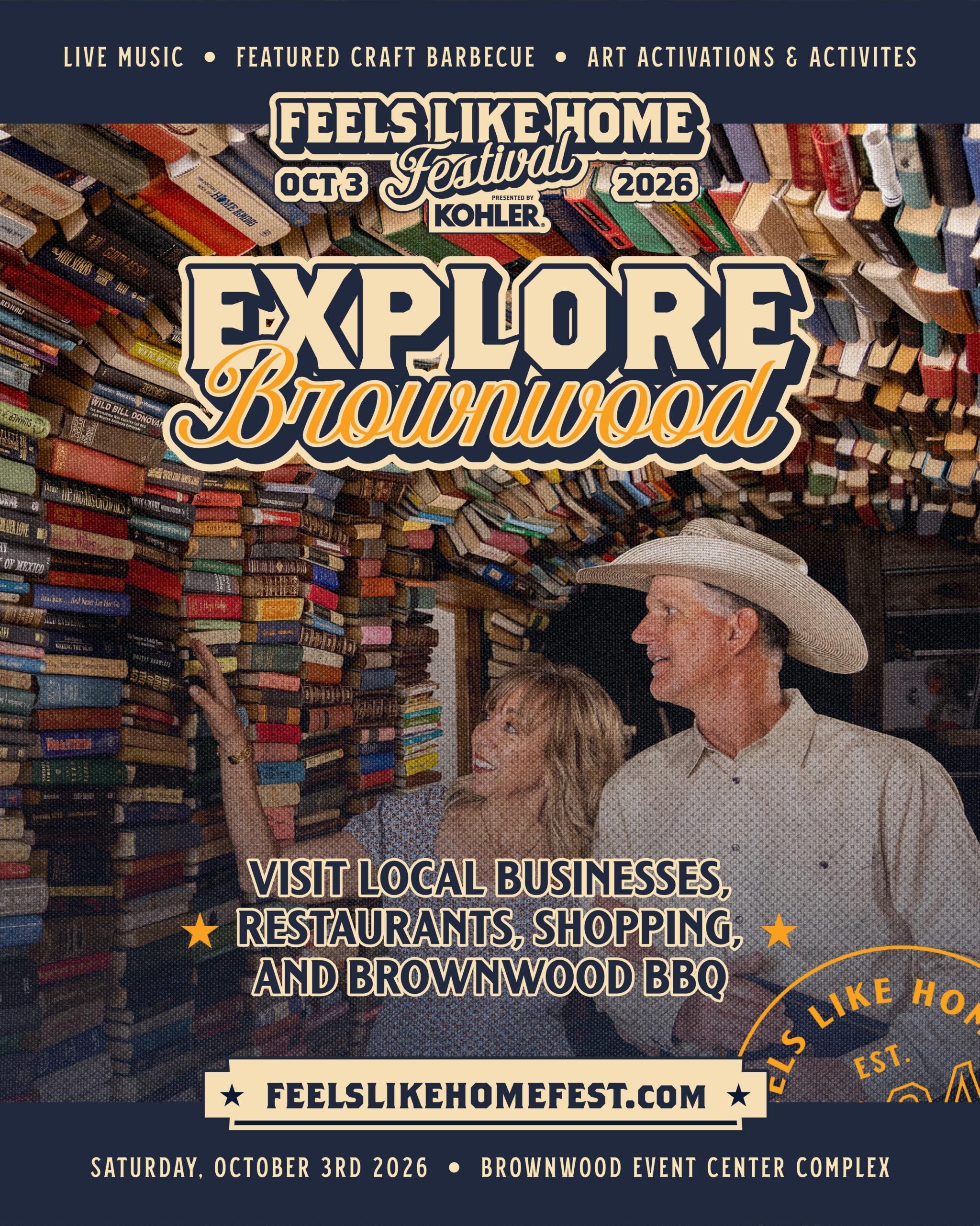 Explore Brownwood poster inviting festivalgoers to visit local businesses, restaurants, shopping and Brownwood BBQ