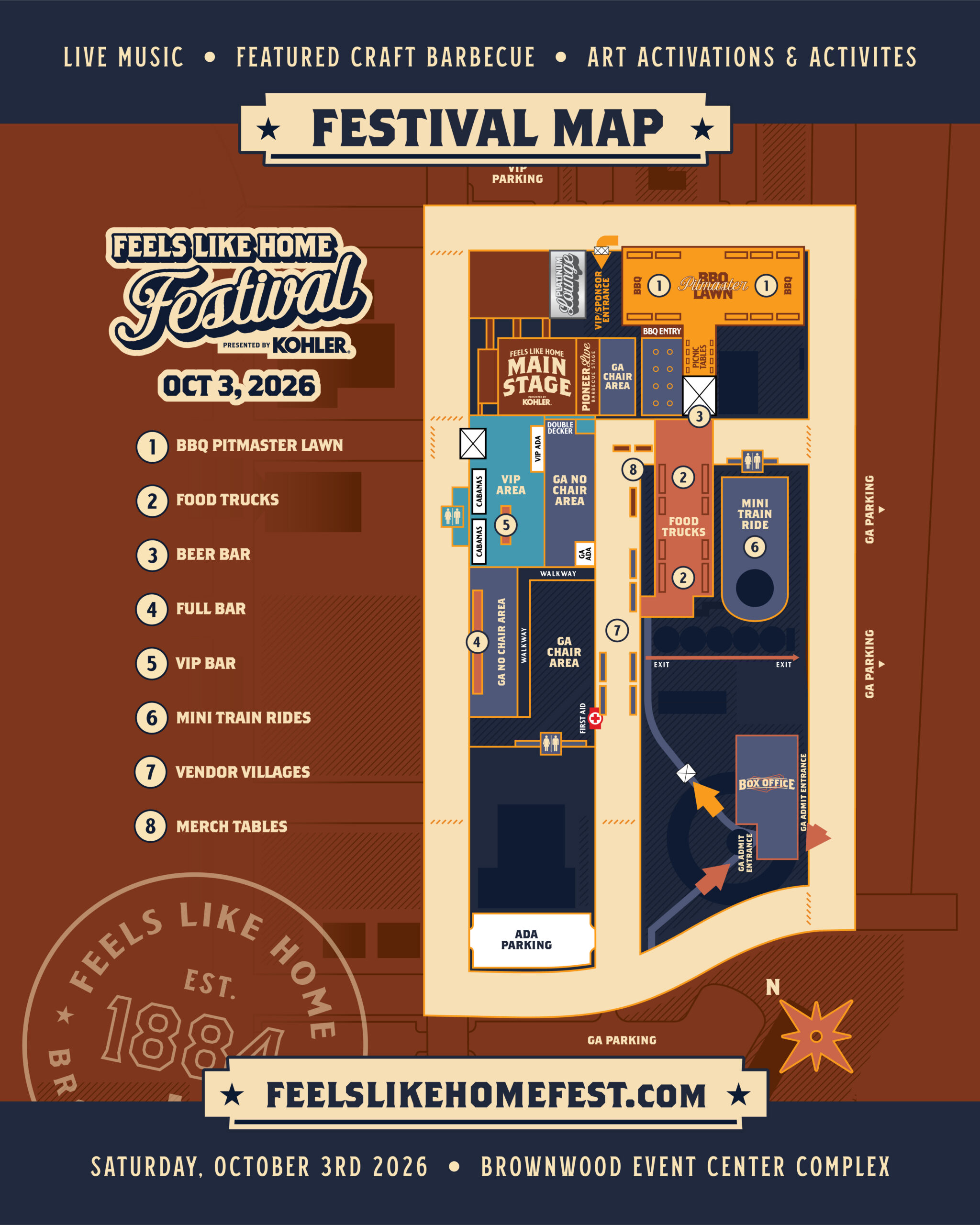Feels Like Home Festival 2026 site map of the Brownwood Event Center Complex