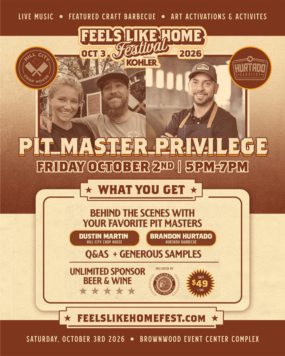 Pitmaster Privilege poster: Friday, October 2, 5–7 PM, behind the scenes with festival pitmasters