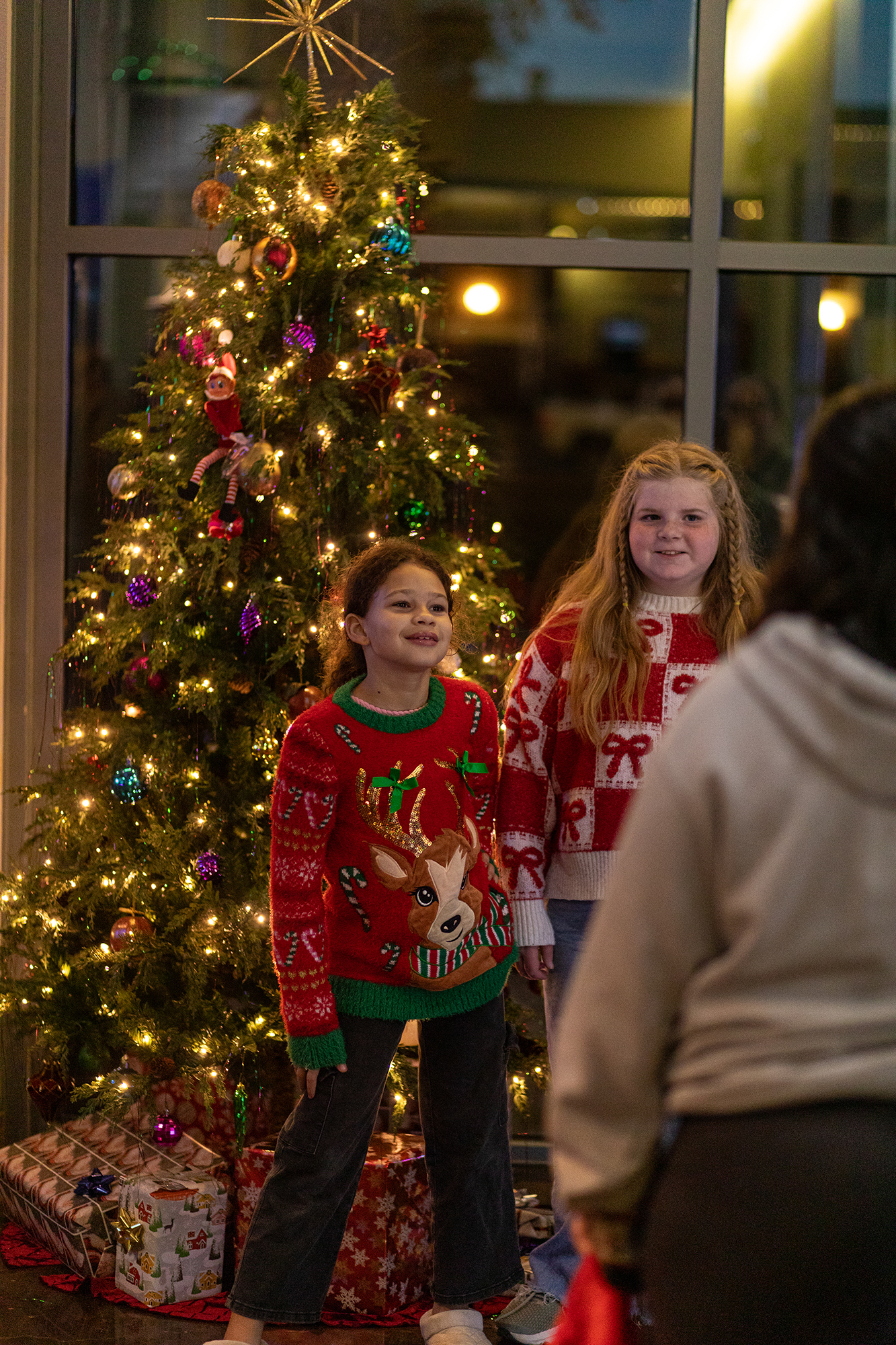 Photo of two girls posing for a picture in front of a christmas tree at the lehnis railroad museum during the yuletide express event.